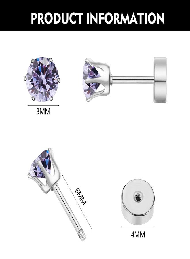 FSSODWT Hypoallergenic Birthstone Stud Earrings for Women Brilliant Cut Round Cubic Zirconia Flat Back Earrings Surgical Steel Cartilage Earrings for Sensitive Ears (Silver, June Violet) - Image 3